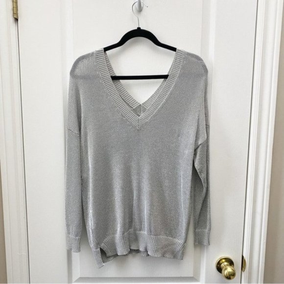 Topshop Sweater Draped Fit Double V Neck Silver Metallic Pullover Small NWT - Picture 8 of 10